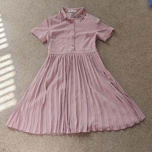 Embellished Collar Pink Pleated Midi Dress